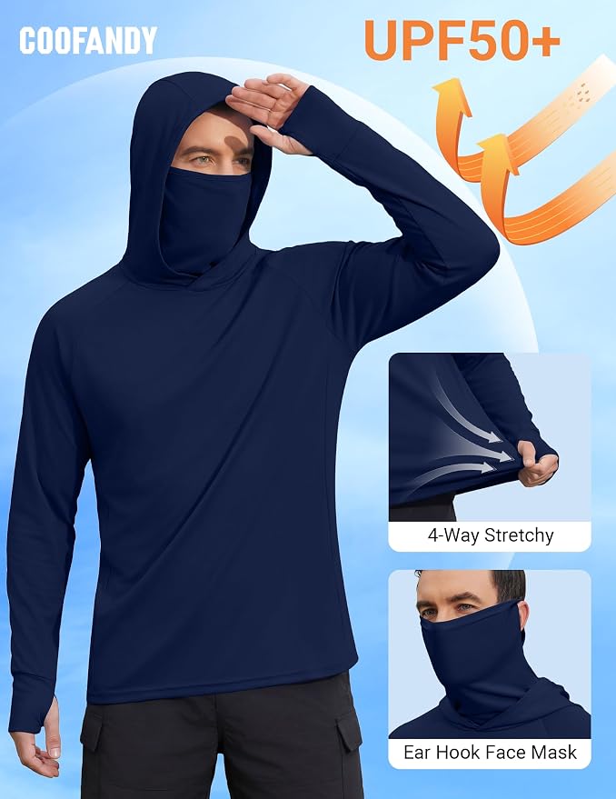 COOFANDY Mens UPF 50+ Sun Protection Hoodie with Mask Lightweight Long Sleeve SPF Fishing Shirts UV Hiking Running Rash Guard