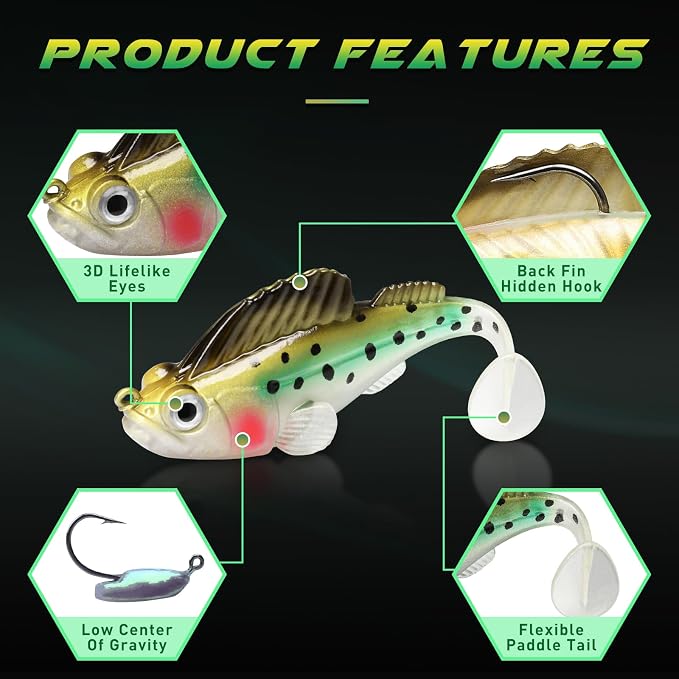 GOTOUR Pre-Rigged Soft Fishing Lures with Weedless Hook, Lifelike Paddle Tail Swimbaits for Bass Fishing, Freshwater & Saltwater Fishing Bait, Fishing Tackle for Bass, Pike, Trout, and Walleye