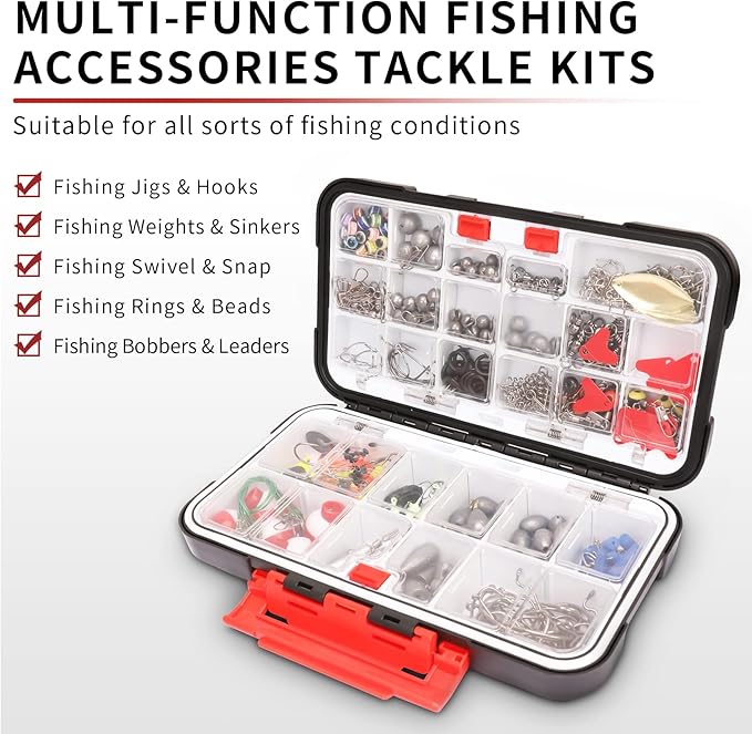 TRUSCEND Complete Fishing Accessories - Tackle Box with Tackle Included, Fishing Hooks, Jig Heads, Sinkers, Weights, Swivels, Snaps, Bobbers, Leaders - Fishing Gear Set for Bass Trout Panfish Walleye