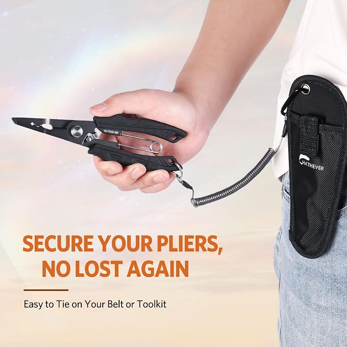 Saltwater Fishing Pliers, Split Ring Pliers for Fishing with Safety Lock, Fish Pliers with Sheath and Lanyard, Fishing Gifts for Men