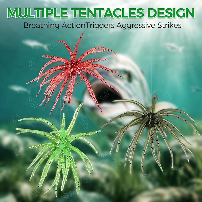 Tentacle Fishing Lure,Dice Bait Soft Plastic Swim Bait,Sea Urchin Lure,for Drop Shot,Weird Fishing Rig,Trout Sea Bass Mandarin Fish Catfish Slow Sinking Soft Lure 2.36 in,3.9 in and 4.3 in.