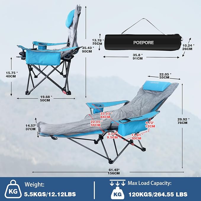 Reclining Camping Chair 4 Position with Foot Rest Comfortable for Adults 265Ibs Folding Lounger Mesh Beach Chair with Cooler Bag,Cotton Cushion and Cup Holder for Outdoor Patio