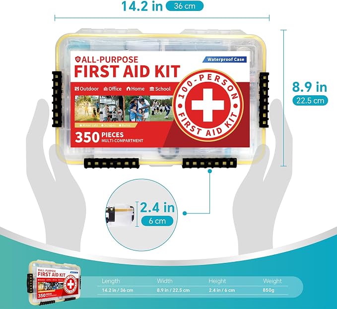 350-Piece All-Purpose 100-Person Emergency First Aid Kit – Waterproof Plastic Case | Clearly Organized for Fast Retrieval | Perfect for Home, Business, Workplace, Boat, Travel, Outdoor & Car