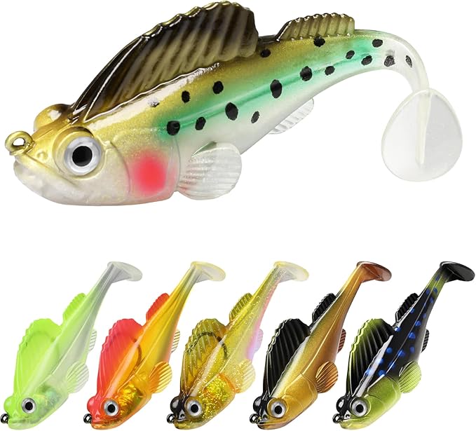 GOTOUR Pre-Rigged Soft Fishing Lures with Weedless Hook, Lifelike Paddle Tail Swimbaits for Bass Fishing, Freshwater & Saltwater Fishing Bait, Fishing Tackle for Bass, Pike, Trout, and Walleye