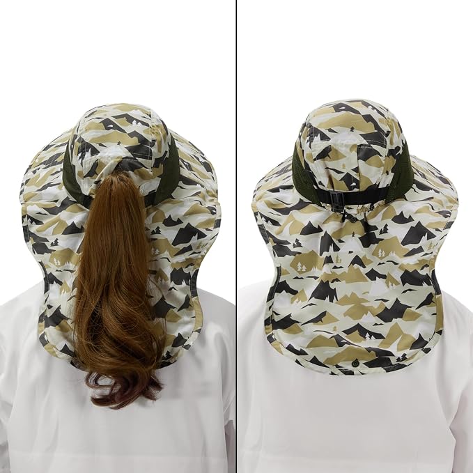 BASSDASH UPF 50+ Unisex Water Resistant Wide Brim Sun Hat with Large Neck Flap Ponytail Fishing Hat for Men Women
