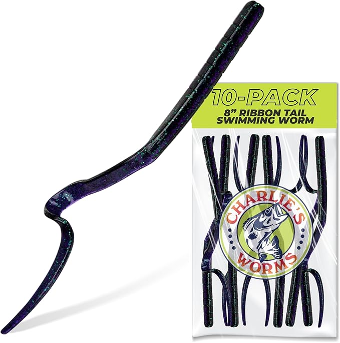 Charlie's Worms Artificial Fishing Bait 8" Ribbon Tail Swimming Worm, Freshwater Saltwater Bass Soft Lures Scented 10pk