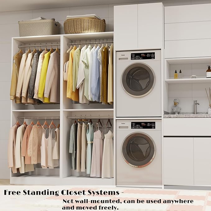 Closet System, 2FT Wood Closet Organizer System Small Walk-in Closet Freestanding Corner Closets Shelf Storage with 3 Hanging Rods, Modular Closet Systems White (2FT)