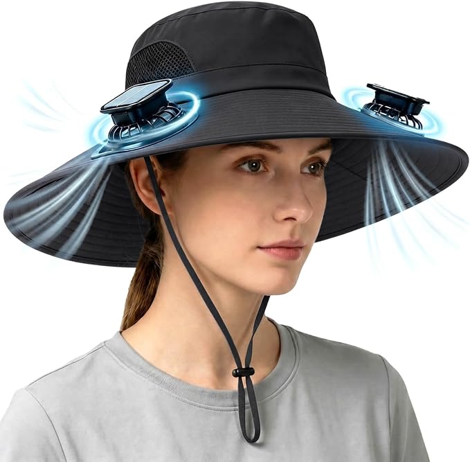 Solar Powered Fan Hat for Men Women Wide Brim Hat with 2 Fans UPF 50+ Outdoor Fishing Beach Sun Hat