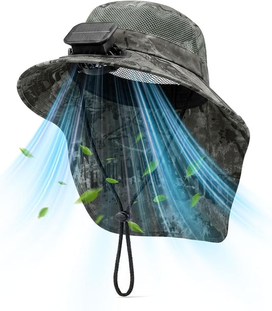 Short Brim Sun Hat with 1 Solar Fan & Neck Flap for Men Women UPF 50+ Outdoor for Garden Fishing Beach Essential