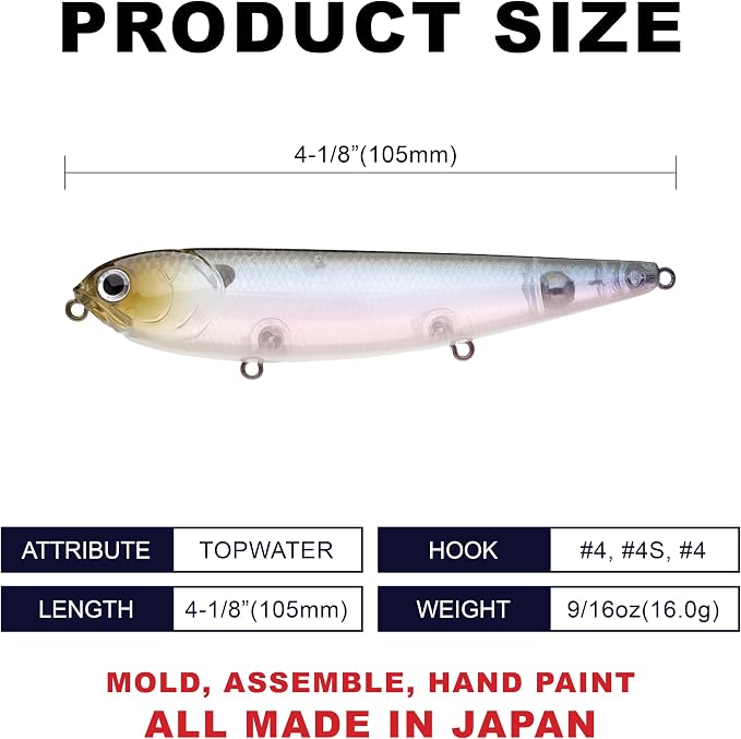 LUCKY CRAFT Sammy 105 Topwater Fishing Lures, 3 Hook, 4-1/8" Floating Freshwater Trout and Bass Lures, Walk-the-Dog Tournament Bait, Bass Fishing Gear and Tackle Box Accessories