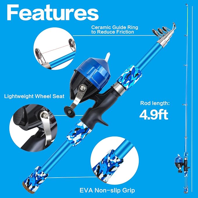 Collapsible Telescopic Fishing Rod and Reel Combo Push Button Small Fishing Pole Kit Beginner Youth Boys Fishing Starter Set Tackle