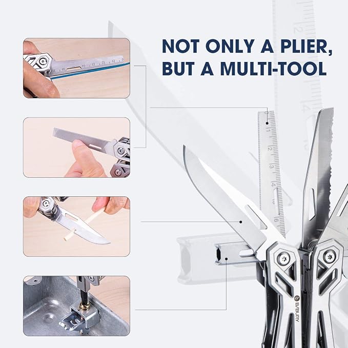 BIBURY Multitool with Pocket Knife, 21-in-1 Stainless Steel Pliers with Screwdriver, Safety Locking Multi tools with EDC Knife for Survival, Camping, Fishing, Repair, Birthday Gifts for Men Women