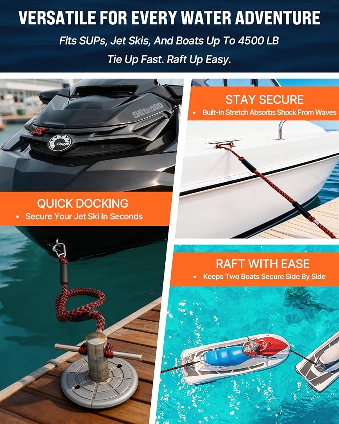 Boat Accessories 4Feet Boat Bungee Dock Lines (2 Pack) with 30cm Extended Loop Shock Absorbing, 316 Stainless Steel Clip & Floating Foam, Mooring Lines for Boats, Jet Ski, Pontoon(Red+Black)