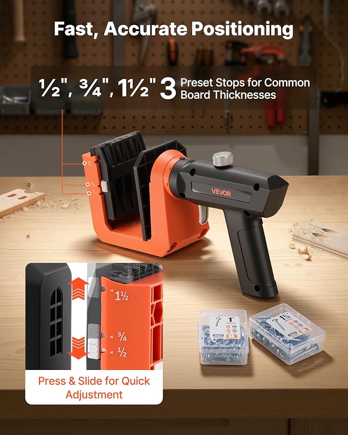 VEVOR Pocket Hole Jig Kit, 1/2", 3/4", 1-1/2" Adjustable, 360° Rotating Handle, Jig Pocket Hole System with 260 Screws, C-Clamp, Stop Collar, Drill Bit, Easy Clamping and Adjusting, for Woodworking