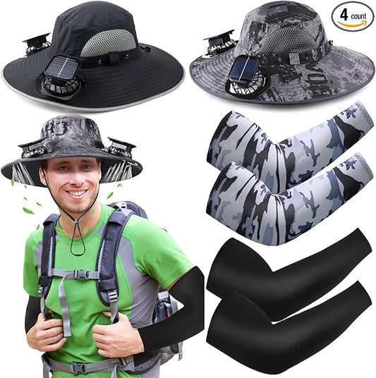 Glitopper 2 Set Wide Brim Solar Fan Hats with 2 Solar Fan and Arm Sleeves Set Outdoor Fishing Bucket Hat for Men Women Hiking