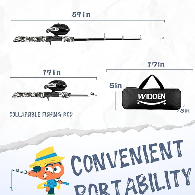 WIDDEN Kids Fishing Pole, Portable Telescopic Kids Fishing Poles for Boys and Girls, Fishing Rod and Reel Combo Kit with Tackle Box, and Fishing Net, Best Fishing Pole for Toddler Youth