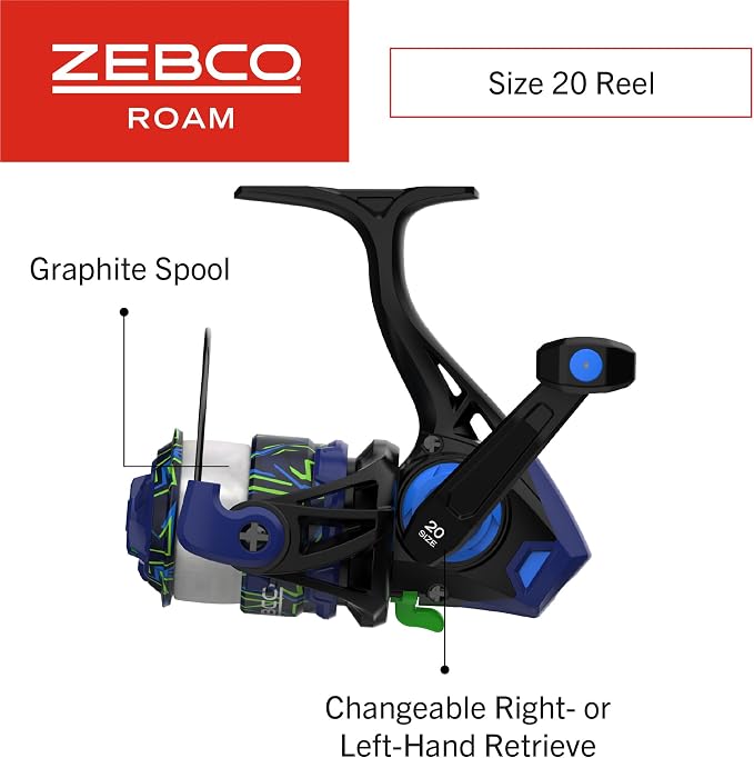 Zebco Roam Spinning Reel and Fishing Rod Combo, Fiberglass Rod, Split ComfortGrip Handle, Soft-Touch Handle Knob, Reversible Retrievee
