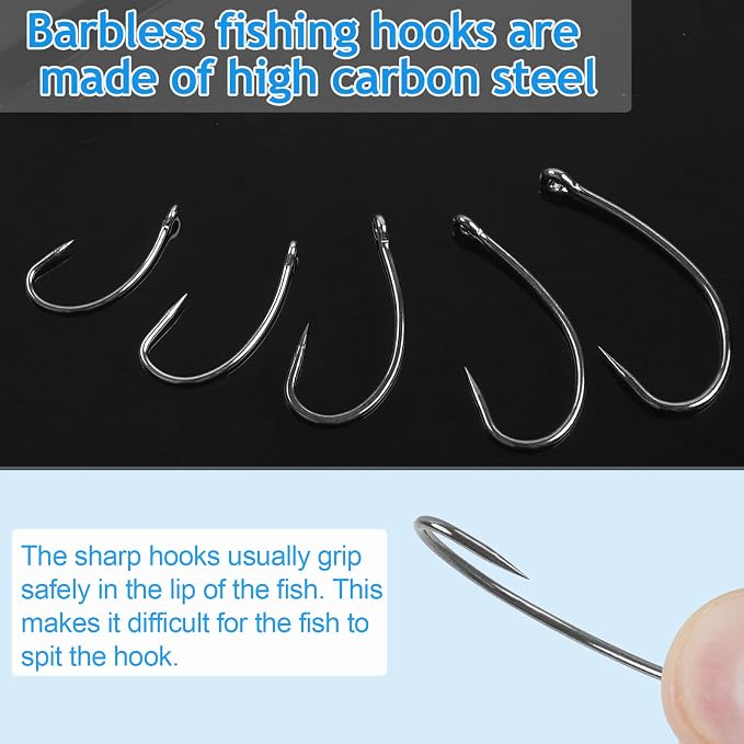 Barbless Fishing Hooks Kit, 200pcs Carp Fishing Hooks Curve Shank Fly Tying Hooks Small Sizes Barbless Live Bait Circle Hooks for Carp Hair Rig Fishing Tackle Saltwater Freshwater