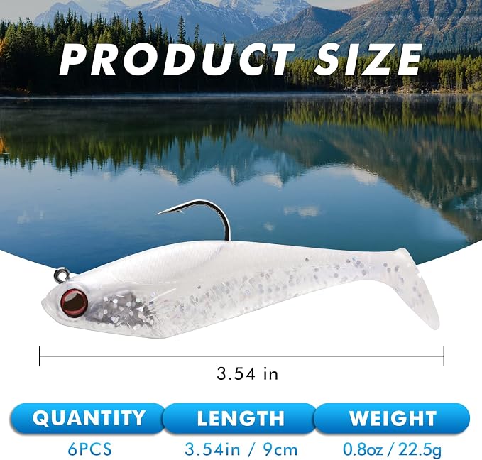 GOTOUR Pre-Rigged Soft Fishing Lures with Weedless Hook, Lifelike Paddle Tail Swimbaits for Bass Fishing, Freshwater & Saltwater Fishing Bait, Fishing Tackle for Bass, Pike, Trout, and Walleye