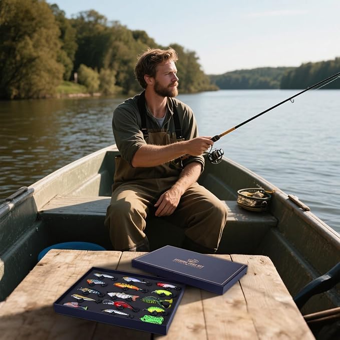 Fishing Lures Kit for Men, 15PCS Bass Fishing Lures Gift Set with Premium Gift Box, Hard & Soft Baits for Bass Trout Pike Salmon, Freshwater & Saltwater Fishing Gear Gifts