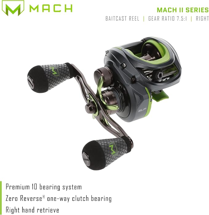 Lew's MACH 2 Baitcast Fishing Reel, 7.5:1 Gear Ratio, Graphite Frame, Premium 10 Bearing System, Black/Green