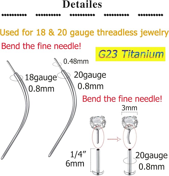 QWALIT Piercing Taper Threadless Insertion Tool - Titanium Labret Pin 16g, 18g, 20g