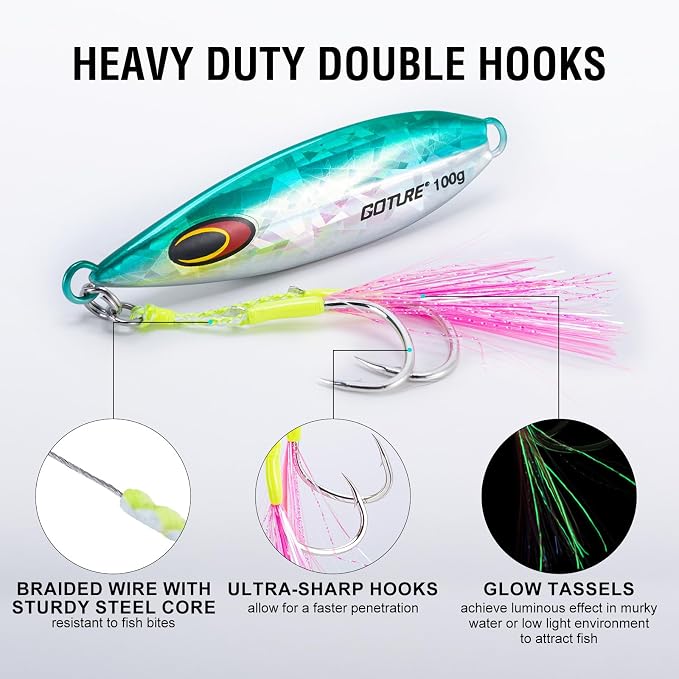 Goture Slow Pitch Jigs, Glow Flat Fall Jig Fishing Lure with Double Assist Hooks and Swivel, Fishing Jigs Saltwater 40g-250g Deep Sea Fishing Jigging Lures for Tuna,Dogtooth Tuna, Yellowtail,Kingfish