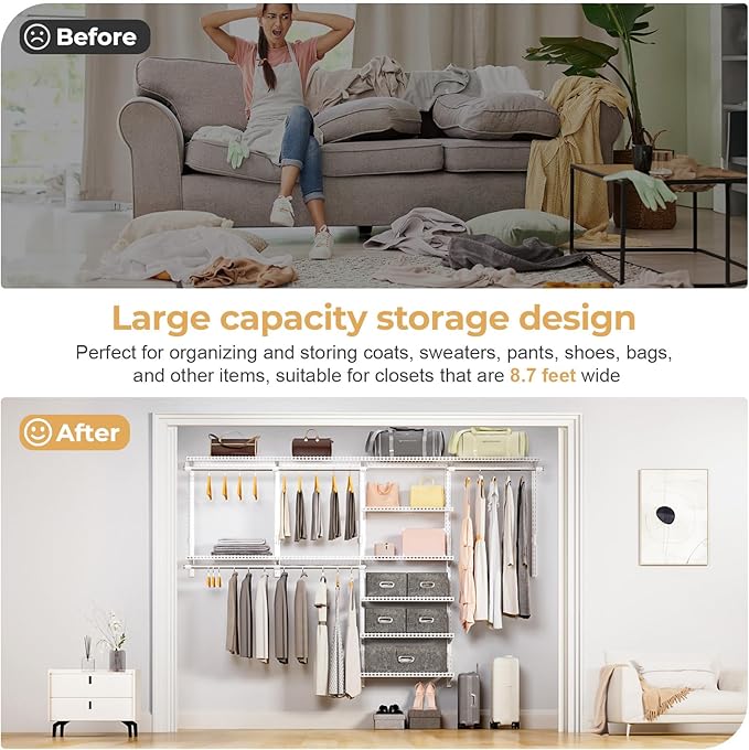 Wire Closet Organizer System, Wall Mounted 8.7 Ft. Custom Closet Kit for Bedrooms, Adjustable Storage Shelves for Clothes, Shoes, and Handbags