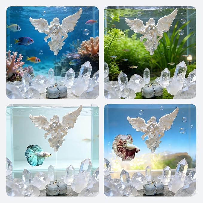 Floating Fish Tank Decorations,Aquarium Angel Decor - White Angel Ornament with Simulated Stone Weight,Betta Fish Tank Decorations,Cool Aquarium Decor for Beginner Fish Tanks