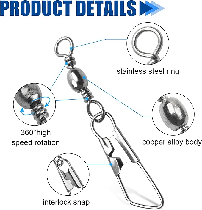 Fishing Barrel Swivels Snaps, 100pcs Snap Swivels Fishing Tackle Leader Line Lure Connector Accessories High Strength Solid Rings for Saltwater Freshwater, Black/Gold
