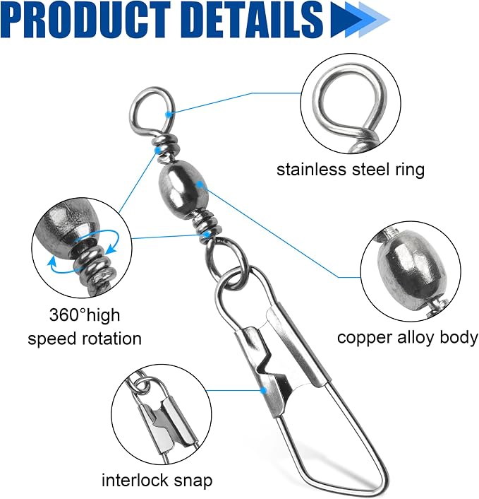 Fishing Barrel Swivels Snaps, 100pcs Snap Swivels Fishing Tackle Leader Line Lure Connector Accessories High Strength Solid Rings for Saltwater Freshwater, Black/Gold