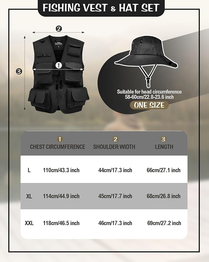 Shihanee 2 Pcs Men's Fishing Vest Sun Hat Multi Pocket Safari Vest for Outdoor Hiking Summer Travel