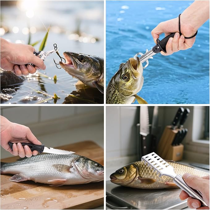 Fishing Pliers Kit with Line Cutter & Lip Gripper - Saltwater & Freshwater Fishing Tools for Anglers - Steel Fishing Gear with Lanyard - Portable Fishing Accessories Kit