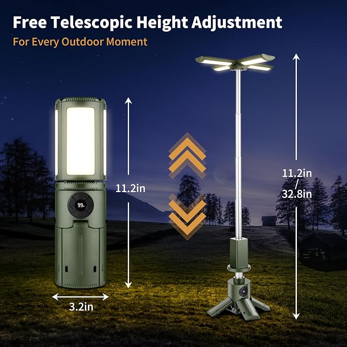 Telescopic Camping Light, Portable Camping Light with Stand, 14000mAh Rechargeable Camping Lantern, IPX6 Waterproof, Dimmable Outdoor Work Light for Emergency, Hiking, Fishing, Backyard