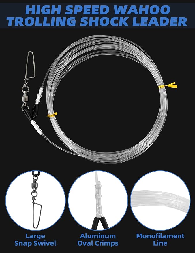 BLUEWING High Speed Wahoo Trolling Shock Leader with 25ft 250lb/300lb/400lb Mono Line and Stainless Steel Large Snap Swivel for Saltwater Fishing