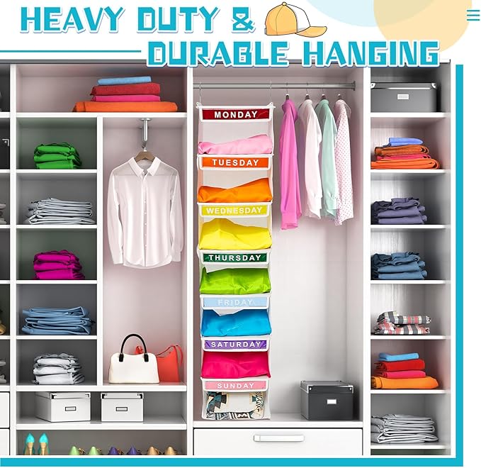 Amylove 2 Pcs 7 Shelf Weekly Clothes Organizer for Kids Hanging Closet Organizer 11. 8 x 11. 8 x 50 Inches Daily Activity Kids Clothes Storage Drawers Cube Drawers Closet Hanging Shelves(White)