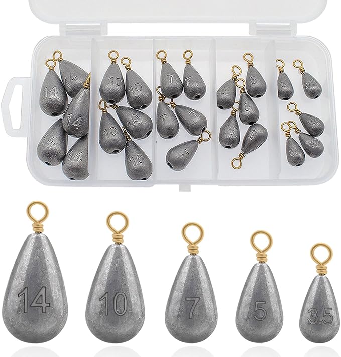 Fishing Weights Sinkers Kit, 5 Sizes 25pcs Bass Casting Drop Shot Weights Lead Fishing Weights for Catfish Saltwater Freshwater