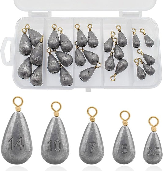 Fishing Weights Sinkers Kit, 5 Sizes 25pcs Bass Casting Drop Shot Weights Lead Fishing Weights for Catfish Saltwater Freshwater