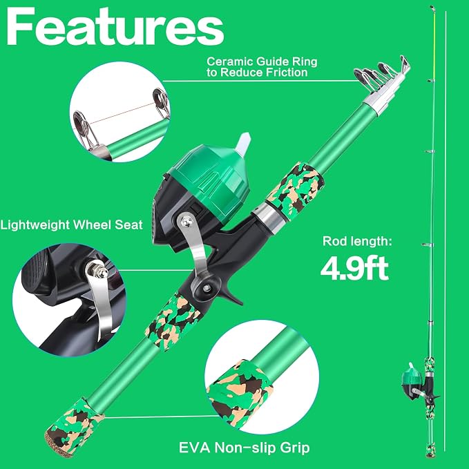 Collapsible Telescopic Fishing Rod and Reel Combo Push Button Small Fishing Pole Kit Beginner Youth Boys Fishing Starter Set Tackle