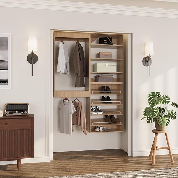 ROOMTEC Modular Closet System, 61" Wall Mounted Closet Organizer with Hanging Rods and Shoe Shelf, Wooden Tower for Walk-In Closets, Wardrobe Storage Kit, Wood
