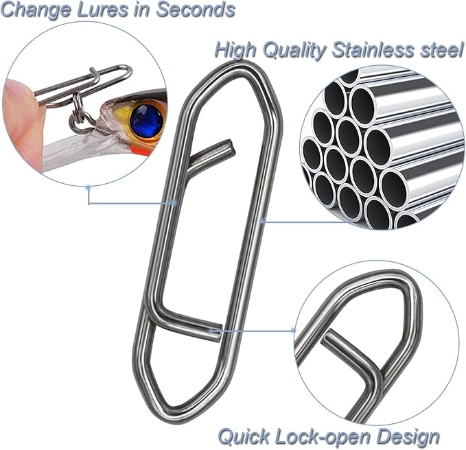 200pcs Fishing Power Clips, High Strength Speed Clips Stainless Steel Quick Change Clip, Freshwater Saltwater Crankbait Popper Lures Fast Link Snap Connector