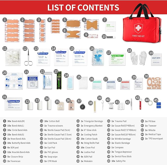 First Aid Kit - Trauma Kit with Essential Emergency Medical Supplies, Waterproof Travel First Aid Kit for Camping, Hiking, Simple and Portable Emergency Kit for Home, Dorm, Outdoor, Car (Bright red)