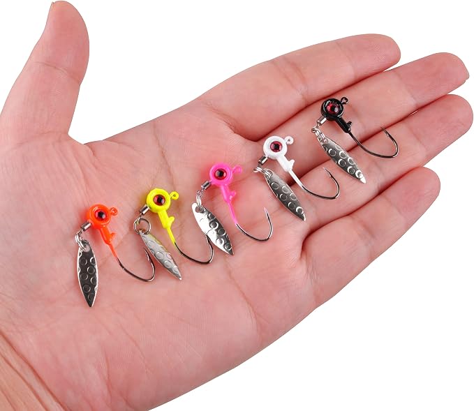 Crappie Jig Heads Fishing Lures Kit, 15pcs Underspin Jig Heads with Spinner Blade Crappie Lures Eye Ball Head Painted Fishing Jigs for Bass, Trout, Panfish, Sunfish