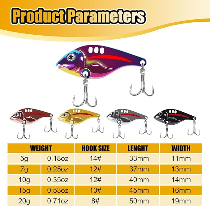 VIB Metal Lures Zinc Alloy Fishing Blade Spinner Bait with Treble Hooks Fishing Spoons Lures Pack of 5