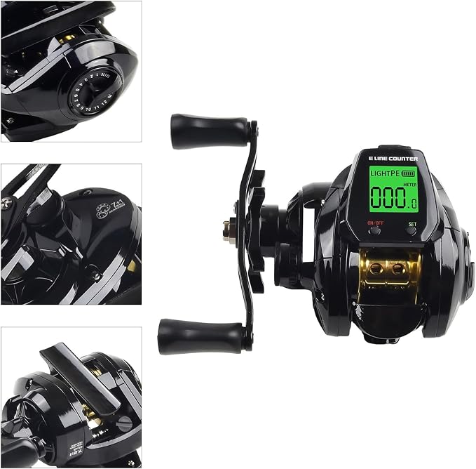 Digital Baitcasting Fishing Reel with Bite Alarm and Line Counter, 7.2:1 High Speed Gear Ratio, USB Rechargeable, 0-12 Adjustable Braking System