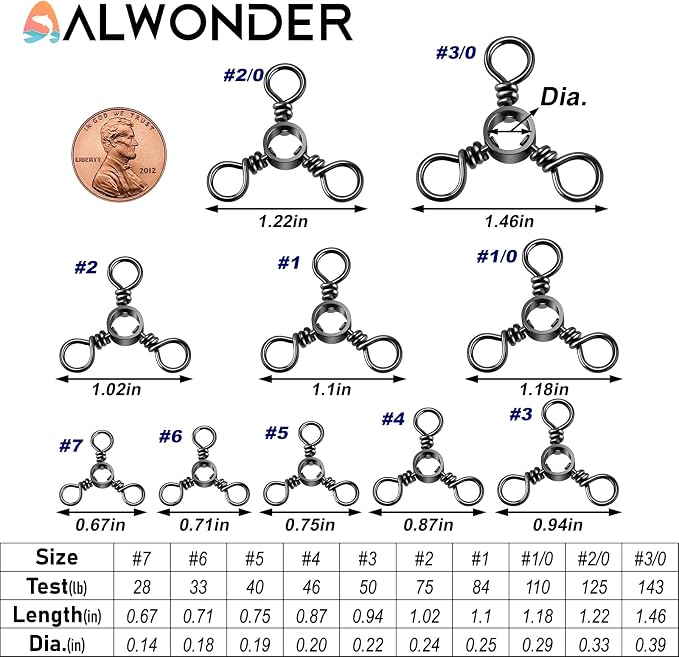 Alwonder 100-Pack 3 Way Swivels Fishing Tackle, 28-143LB Stainless Steel Black Nickel Three Way Swivel Fishing Swivels Connectors Saltwater Freshwater Surf Deep Drop Catfishing Rigs Tackle