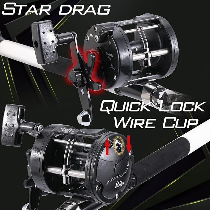 Sougayilang Conventional Reel and Fishing Rod Combo – Medium Heavy Fiberglass Rod, Heavy Duty Catfish Trolling Reel Combo for Catfish Salmon and Steelhead 6/7ft