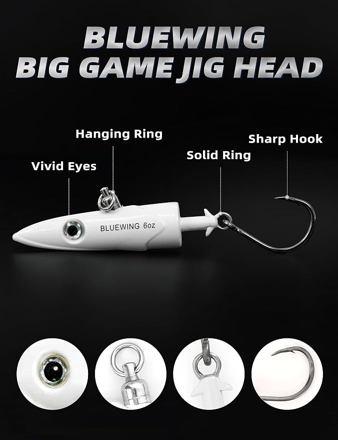 BLUEWING Jig Heads Saltwater 2oz,3oz,4oz,5oz,6oz,7oz Swimming Jigheads 1pc with High Carbon Steel Swing Hook and 6in/9in Replacement Tail Big Game Fishing Lures