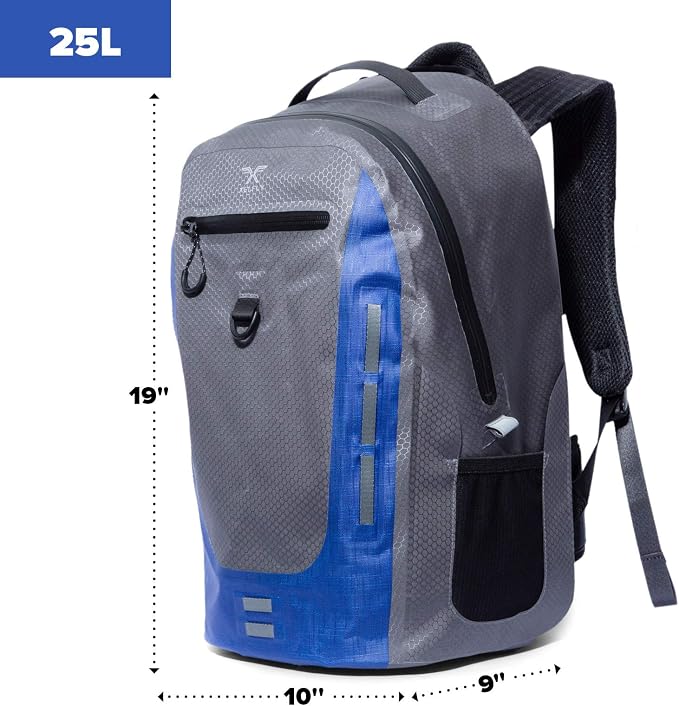 Xelfly Submersipack Waterproof Backpack - Submersible, Inflatable, Floating TPU Coated Durable Nylon Dry Bag with Airtight Zipper for Kayak, Fishing, Boating, Hiking, Paddle Board (Deep Blue, 25L)