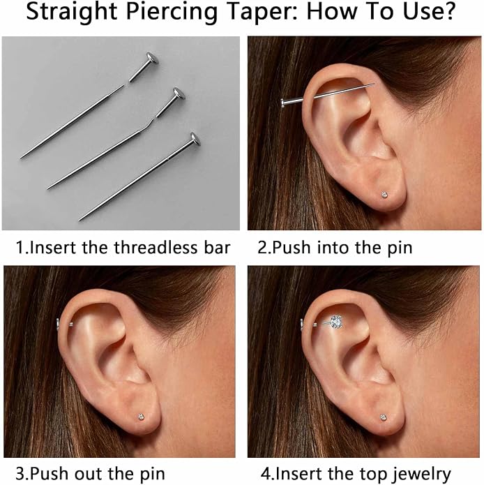 G23 Titanium Threadless Piercing Taper 16G/18G/20G Flat Back Earring Applicator Tool Insertion Pin for Push In Nose Lip Ear Tragus Helix Body Piercing Jewelry Stretcher Assistant Tool